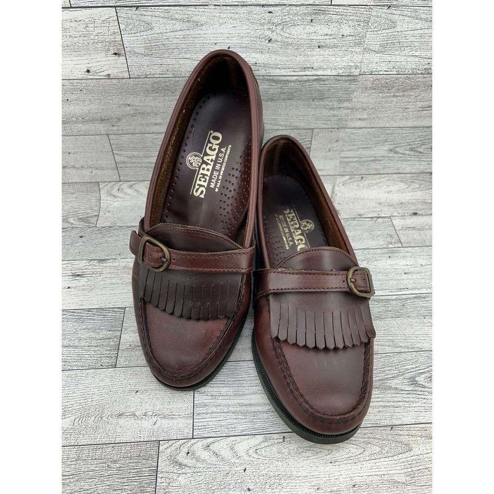 Sebago Women Burgundy Leather Kiltie Loafers Buckle Made in USA WW1101265S Sz 8